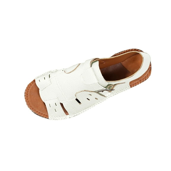 LOVZFMLL Sandals for Women Ankle Strap Open Toe Roman Sandals Summer Leather Dressy Flat Sandals for Casual Beach Walking Travel White 7.5