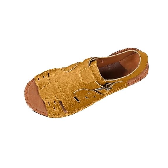 LOVZFMLL Sandals for Women Ankle Strap Open Toe Roman Sandals Summer Leather Dressy Flat Sandals for Casual Beach Walking Travel Yellow 7.5