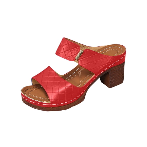 LOVZFMLL Sandals for Women Casual Two Straps Slip On Open Toe Heels Sandals Summer Beach Vacation Outdoor Slides Sandals Red 6.5
