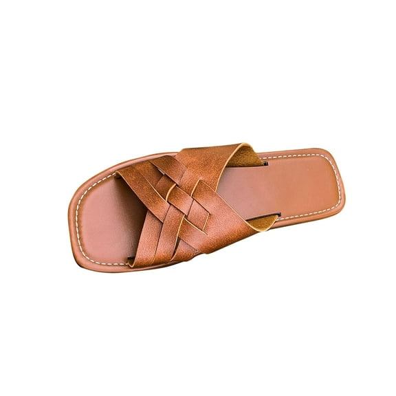 LOVZFMLL Sandals for Women Fashion Cross Straps Flat Slippers Slip On Square Open Toe Casual Outdoor Beach Vacation Walking Slides Brown 9