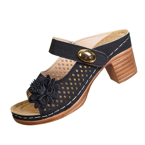 LOVZFMLL Sandals for Women Fashion Flower Cut Out Heels Sandals Slip On Open Toe Slides Outdoor Beach Vacation Summer Casual Footwear Black 6