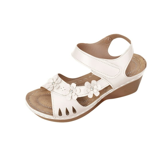 LOVZFMLL Sandals for Women Flower Open Toe Ankle Strap Comfort Walking Wedge Sandals for Summer Casual Outdoor Beach Vacation White 5.5