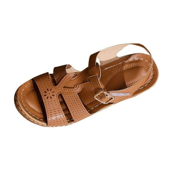 LOVZFMLL Sandals for Women Hollow Open Toe Ankle Strap Chunky Block Heel Sandals Summer Casual Outdoor Walking Sandals Brown 5.5
