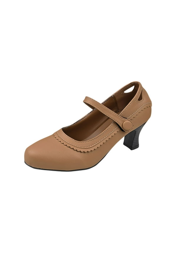 Shoes for Women Chunky Block Heels Mary Jane Shoes Vintage Round Toe Ankle Strap Office Wedding Dress Shoes Khaki 5.5