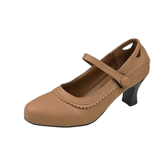 LOVZFMLL Shoes for Women Chunky Block Heels Mary Jane Shoes Vintage Round Toe Ankle Strap Office Wedding Dress Shoes Khaki 7.5
