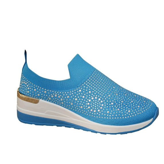 LOVZFMLL Shoes for Women Rhinestone Slip On Walking Shoes Fashion Breathable Spakle Glitter Non-Slip Sneaker for Everyday Work Travel Blue 6