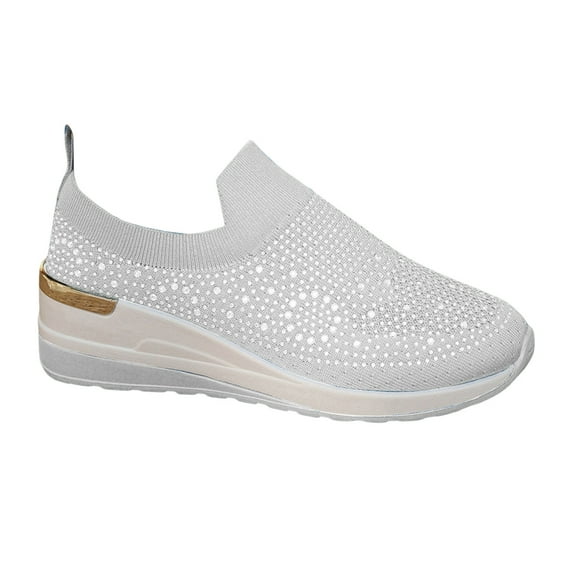 LOVZFMLL Shoes for Women Rhinestone Slip On Walking Shoes Fashion Breathable Spakle Glitter Non-Slip Sneaker for Everyday Work Travel White 6