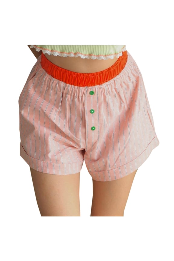 Shorts for Women Color Block Button Folded Hem Going Out Shorts Elastic Waist Summer Casual Loose Striped Shorts Red S