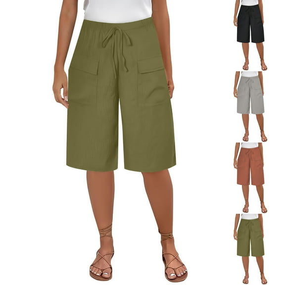 LOVZFMLL Shorts for Women Summer Casual Comfy Long Shorts Mid Length Elastic Waist Straight Leg Lounge Shorts with Pockets Army Green S