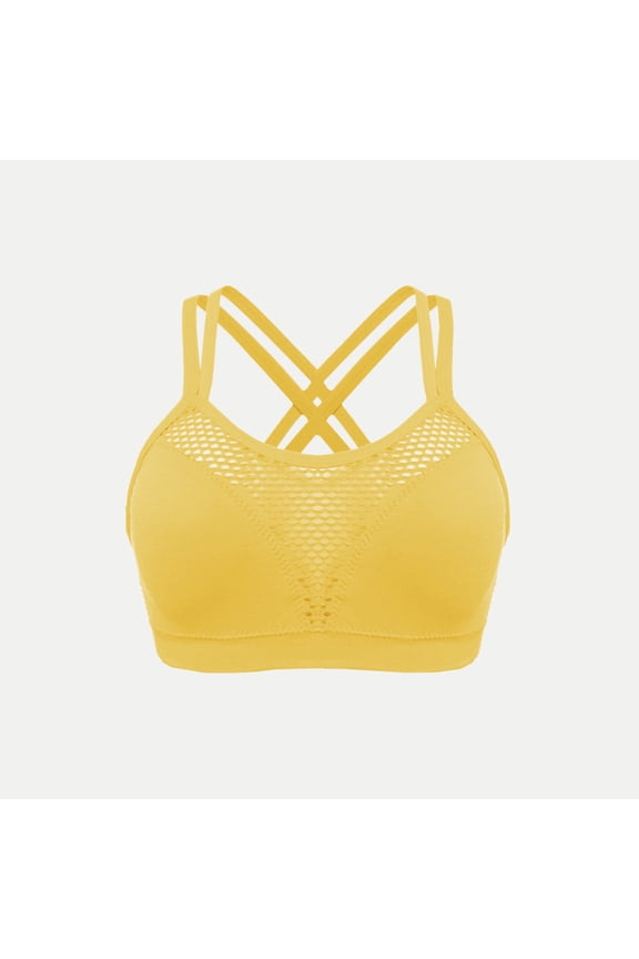 Sports Bras for Women Padded Crisscross Back Strappy Workout Yoga Crop Tank Top Mesh Breathable Support Bra for Gym Running Fitness Yellow S