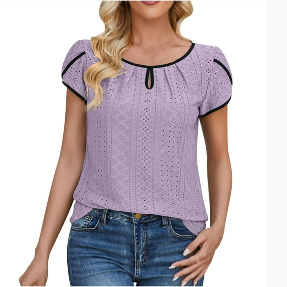 LOVZFMLL Spring Tops for Women Puff Short Sleeve Crew Neck Shirts Summer Casual Eyelet Embroidery T-Shirts Soft Blouses Purple L