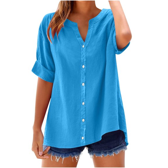 LOVZFMLL Spring Tops for Women V Neck Short Sleeve Casual Vocation Shirts Summer Beach Loose Comfy Trendy Tees Blouses Light Blue L