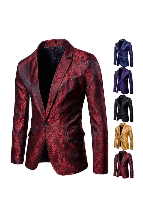 Suit Jackets for Men Satin Floral Notched Collar Single Breasted Dressy Blazer Jackets Coat Outwear for Party Club Prom Wedding