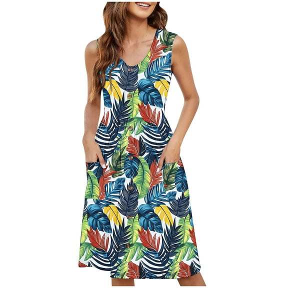 LOVZFMLL Summer Casual Dresses for Women 2025 Beach Sleeveless V Neck Floral Print Tank Loose Sundresses with Pockets Green A L