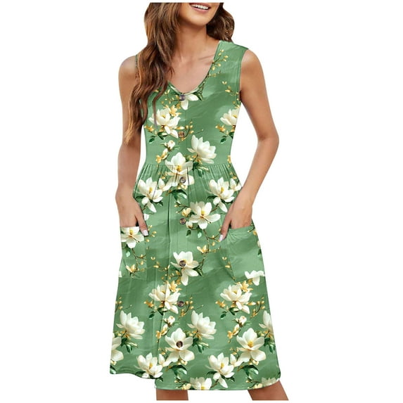LOVZFMLL Summer Casual Dresses for Women 2025 Beach Sleeveless V Neck Floral Print Tank Loose Sundresses with Pockets Light Green L