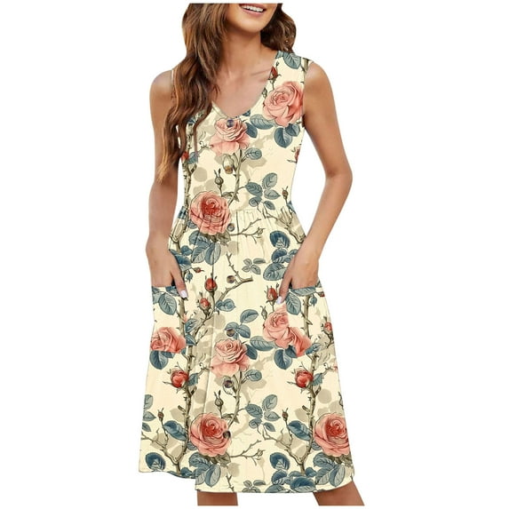 LOVZFMLL Summer Casual Dresses for Women 2025 Beach Sleeveless V Neck Floral Print Tank Loose Sundresses with Pockets Multicolor L