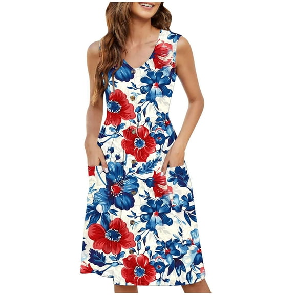 LOVZFMLL Summer Casual Dresses for Women 2025 Beach Sleeveless V Neck Floral Print Tank Loose Sundresses with Pockets Navy A L