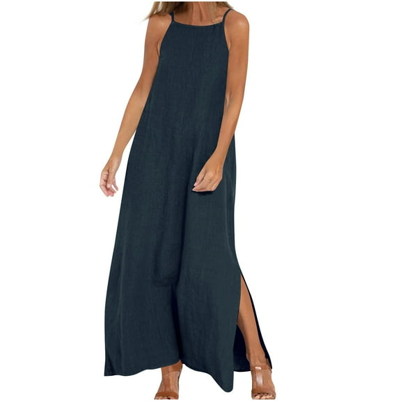 LOVZFMLL Summer Casual Dresses for Women Spaghetti Strap Square Neck Maxi Dresses Loose Swing Sleeveless Beach Vacation Sundresses Dark Blue M