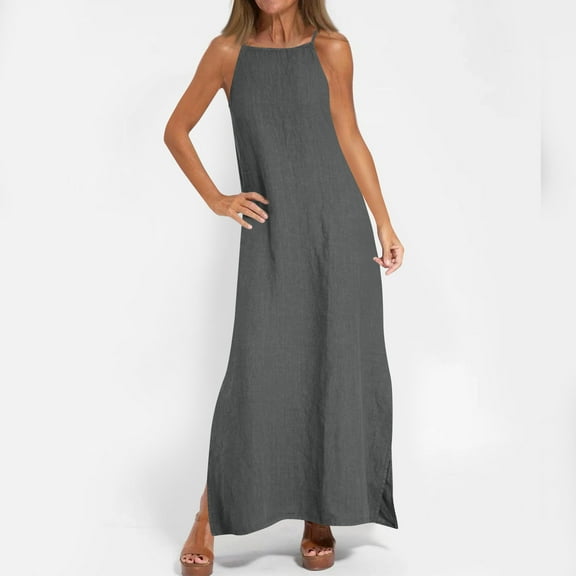 LOVZFMLL Summer Casual Dresses for Women Spaghetti Strap Square Neck Maxi Dresses Loose Swing Sleeveless Beach Vacation Sundresses Dark Gray M