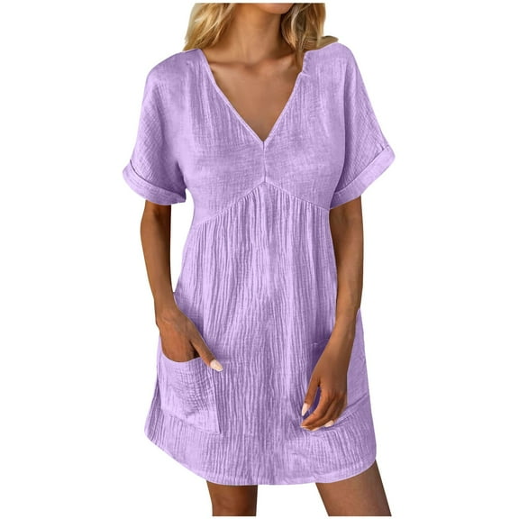 LOVZFMLL Summer Casual Dresses for Women V Neck Short Sleeve Pleated T-Shirt Mini Dresses with Pockets Beach Vocation and Daily Wear Outfits Purple S