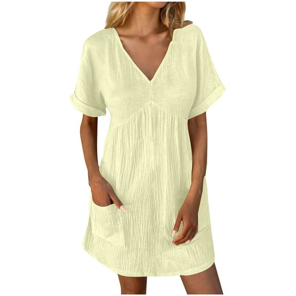 LOVZFMLL Summer Casual Dresses for Women V Neck Short Sleeve Pleated T-Shirt Mini Dresses with Pockets Beach Vocation and Daily Wear Outfits Yellow M