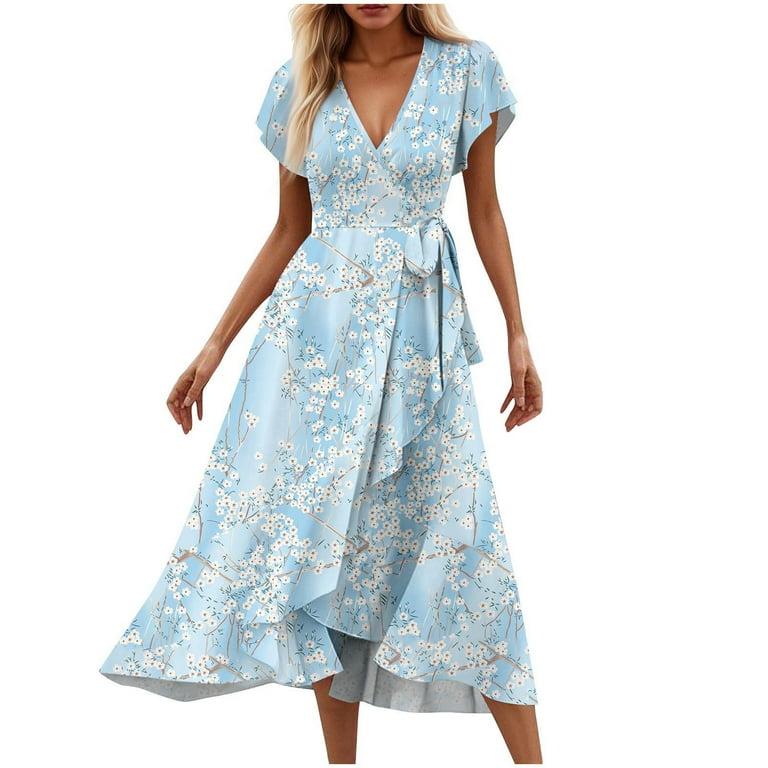 LOVZFMLL Summer Dresses for Women 2025 Elegant Classy V Neck Belted Wrap  Maxi Dress Swing Flowy Floral Boho Sundress Wedding Guest Dress Light Blue  C S - Walmart.com