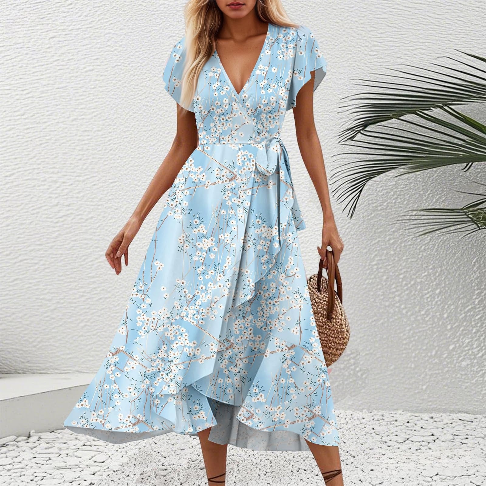 blue & white maxi dress WEDTREND Women White Blue Flower Tiered Long Prom Dress with Bows A Line  Bridesmaid Dress Strapless Wedding Party Dress