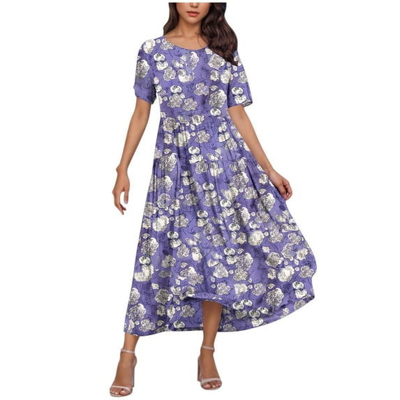 LOVZFMLL Summer Dresses for Women Short Sleeve A-Line Maxi Dresses Casual Floral Boho T-Shirt Dresses Flowy Beach Sundresses with Pockets Purple A XXL