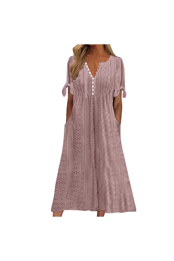 Summer Dresses for Women 2025 Beach Vacation Clothes for Women Boho Sundress Short Sleeve V Neck Flowy A-Line Maxi Dresses Dark Pink S
