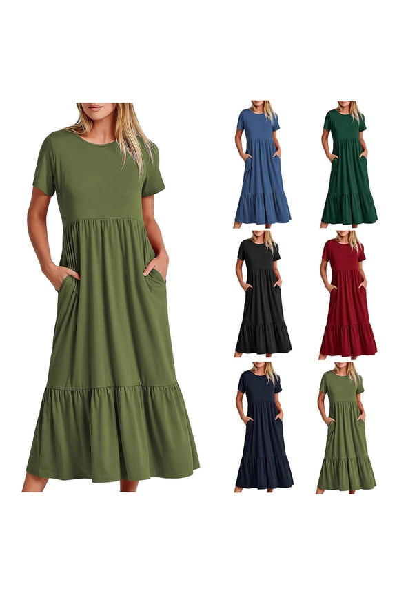 Summer Dresses for Women 2025 Beach Vacation Clothes for Women Tiered Swing Flowy Boho Maxi Sundress with Pockets Orange XL