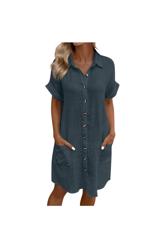 Summer Dresses for Women 2025 Button Down Cover Ups Short Sleeve Shirt Dress Beach Vacation Clothes for Women Navy L