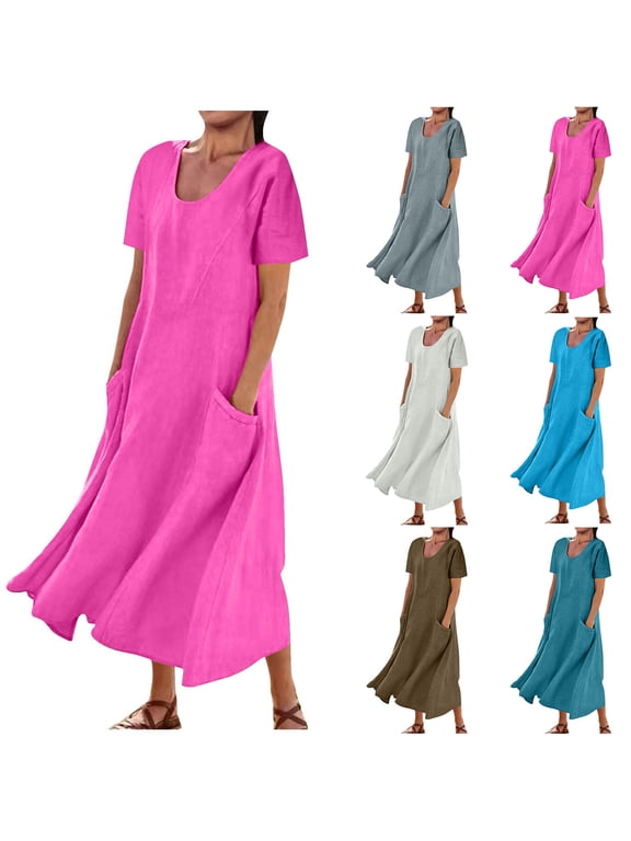 Summer Dresses for Women 2025 Casual Boho Maxi Sundress Swing Flowy Dress With Pockets Beach Vacation Clothes for Women Gray 2XL