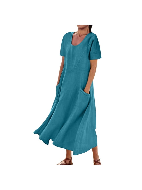 Summer Dresses for Women 2025 Casual Boho Maxi Sundress Swing Flowy Dress With Pockets Beach Vacation Clothes for Women Lake Blue XL