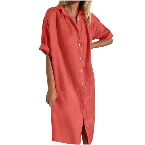 LOVZFMLL Summer Dresses for Women 2025 Casual Short Sleeve V Neck Button Down Maxi Shirt Dress Beach Vacation Clothes for Women Red 2XL