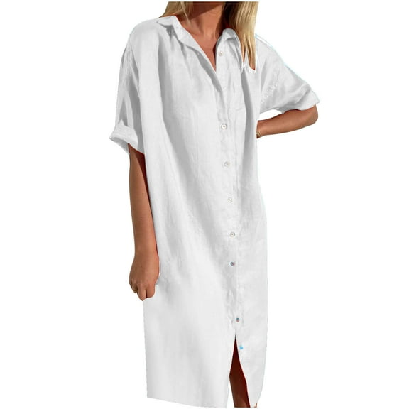 LOVZFMLL Summer Dresses for Women 2025 Casual Short Sleeve V Neck Button Down Maxi Shirt Dress Beach Vacation Clothes for Women White L