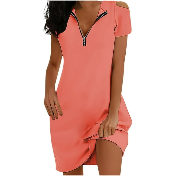 LOVZFMLL Summer Dresses for Women 2025 Casual Short Sleeve Zipper V Neck Cold Shoulder T-shirt Mini Dress for Women Office Work Watermelon Red S