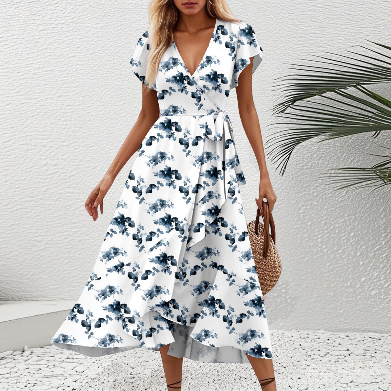LOVZFMLL Summer Dresses for Women 2025 Elegant Classy V Neck Belted Wrap  Maxi Dress Swing Flowy Floral Boho Sundress Wedding Guest Dress Light Blue  C M - Walmart.com