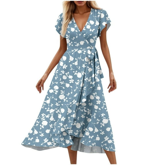 LOVZFMLL Summer Dresses for Women 2025 Elegant Classy V Neck Belted Wrap Maxi Dress Swing Flowy Floral Boho Sundress Wedding Guest Dress Navy L