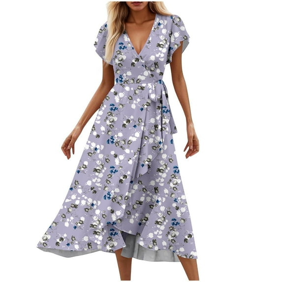 LOVZFMLL Summer Dresses for Women 2025 Elegant Classy V Neck Belted Wrap Maxi Dress Swing Flowy Floral Boho Sundress Wedding Guest Dress Purple B S