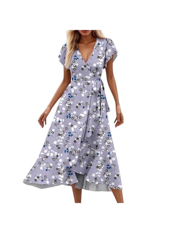 Summer Dresses for Women 2025 Elegant Classy V Neck Belted Wrap Maxi Dress Swing Flowy Floral Boho Sundress Wedding Guest Dress Purple B S