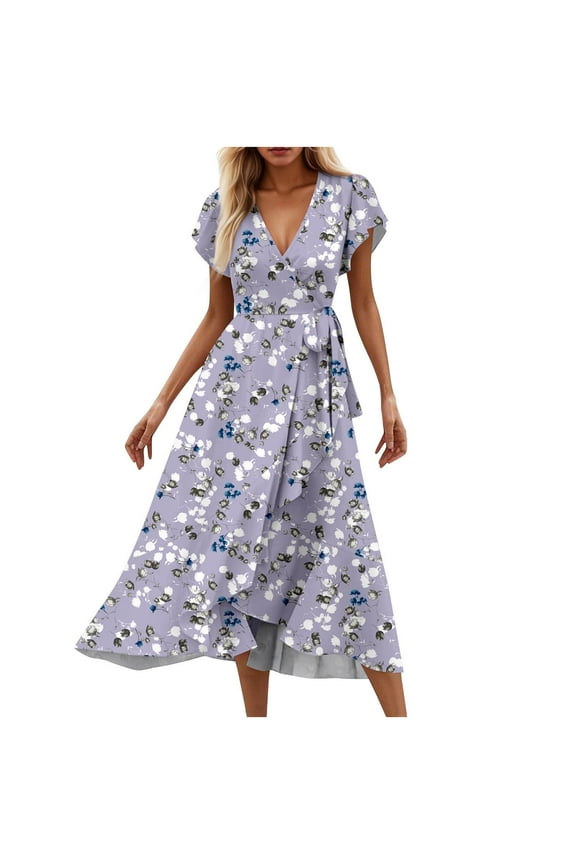 Summer Dresses for Women 2025 Elegant Classy V Neck Belted Wrap Maxi Dress Swing Flowy Floral Boho Sundress Wedding Guest Dress Purple B S