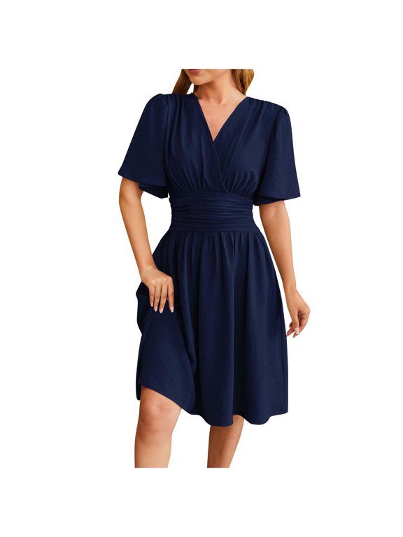 Summer Dresses for Women 2025 Elegant Classy V Neck Pleated Casual Wrap Midi Dresses Beach Prom Wedding Guest Dresses Navy S