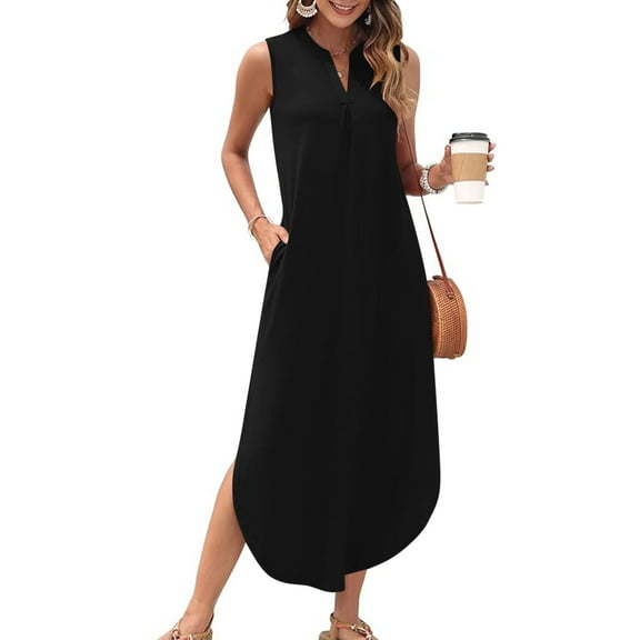 LOVZFMLL Summer Dresses for Women 2025 Sleeveless V Neck Smocked Tank Dress Casual Loose Beach Vocation Long Maxi Dress with Pockets Black L