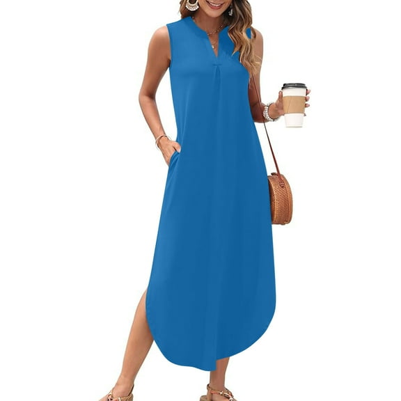 LOVZFMLL Summer Dresses for Women 2025 Sleeveless V Neck Smocked Tank Dress Casual Loose Beach Vocation Long Maxi Dress with Pockets Blue M