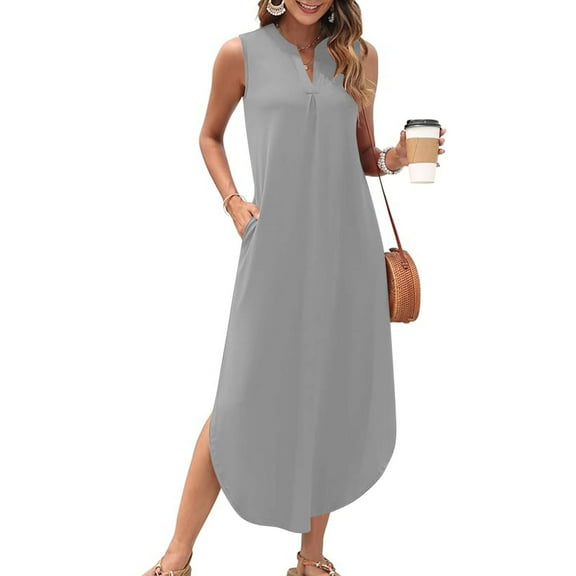 LOVZFMLL Summer Dresses for Women 2025 Sleeveless V Neck Smocked Tank Dress Casual Loose Beach Vocation Long Maxi Dress with Pockets Gray XL