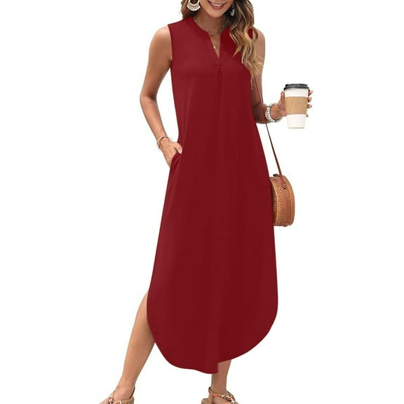 LOVZFMLL Summer Dresses for Women 2025 Sleeveless V Neck Smocked Tank Dress Casual Loose Beach Vocation Long Maxi Dress with Pockets Red L