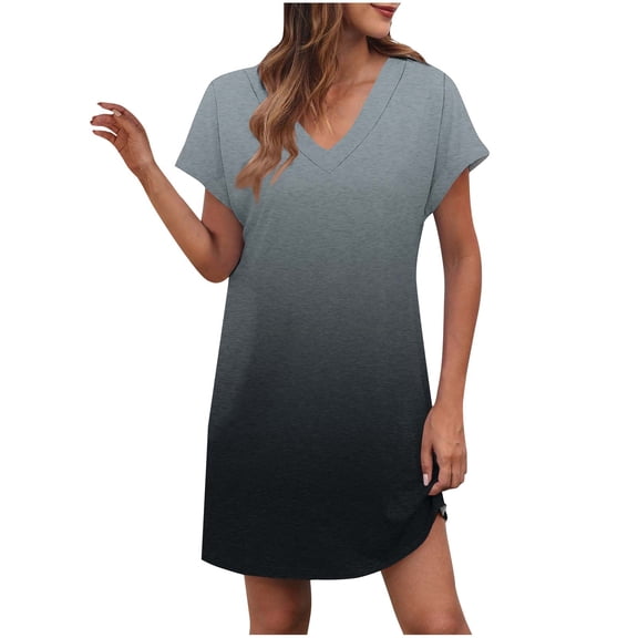 LOVZFMLL Summer Dresses for Women Casual Loose T-Shirt Shift Dress V Neck Cap Short Sleeve Solid Basic Daily Outfits Gray M