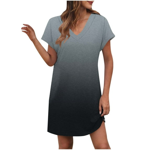 LOVZFMLL Summer Dresses for Women Casual Loose T-Shirt Shift Dress V Neck Cap Short Sleeve Solid Basic Daily Outfits Gray XL