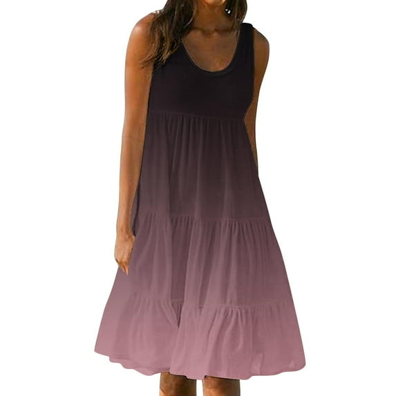 LOVZFMLL Summer Dresses for Women Casual Loose U Neck Sundresses Pleated Tiered Solid Knee Length Sleeveless Tank Dress Purple C 4XL