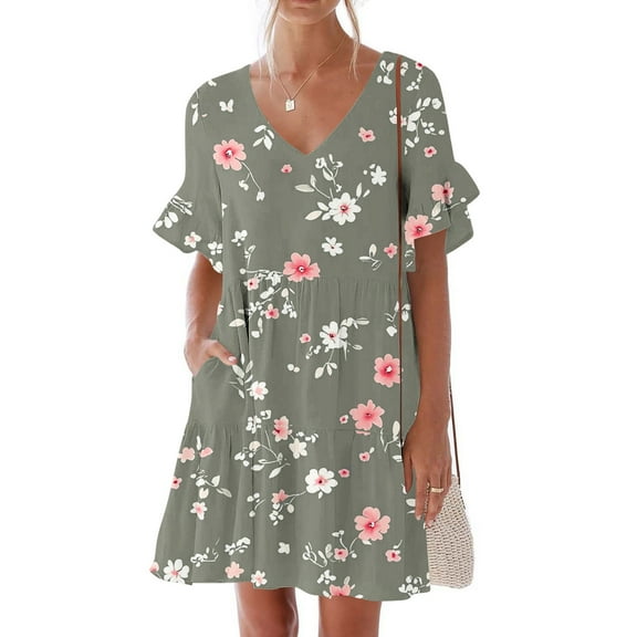 LOVZFMLL Summer Dresses for Women Casual Loose V Neck Short Sleeve Mini Dress Ruffle Swing Polka Dot/Boho Floral Print Beach Sundress Army Green B S